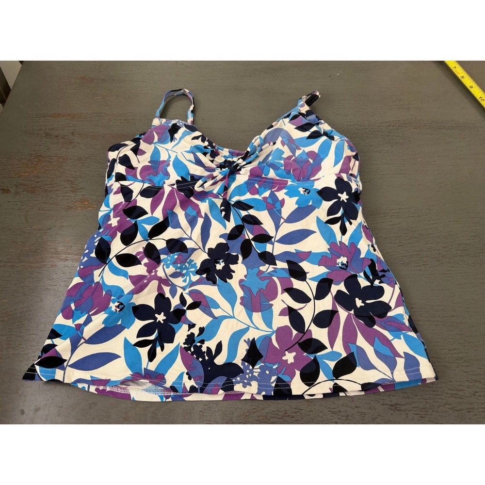 Lands End Floral Tankini Swim Top Blue Purple Underwire Adjustable Straps Sz 10